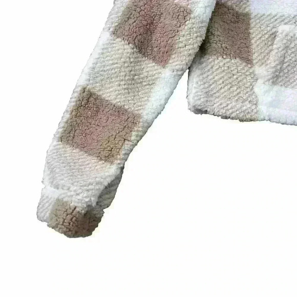 Kangaroo Pocket Buffalo Plaid Teddy Pullover Size Large Cropped Neutral - Picture 2 of 5